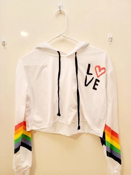 white cropped hoodie "LOVE" rainbows gay pride girls womans teen