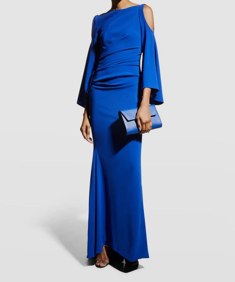 talbot runhof blue dress $2475 Women's Bogdan Cold-Shoulder Draped Gown Size 2 This long ruched gown wide neckline Elegant Simple Black Party Size:XSM