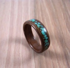 Walnut Bentwood Ring With Turquoise Inlay  Mens or Womens  Handmade To Order