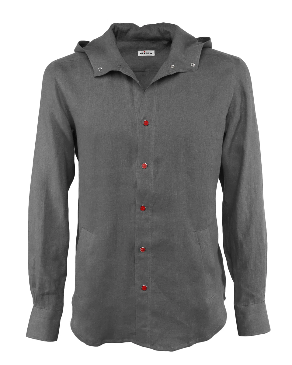 NWT KITON hoodie SHIRT Mariano grey pure linen extra luxury handmade Italy 2XL