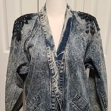Vintage 80s Acid Wash Denim Long Jacket Beaded Shoulders