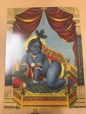Vintage Hindu God Krishna Two-Sided Lithograph Print Poster Indian Devotional