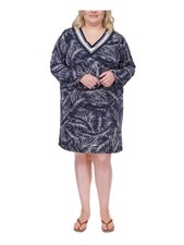 MICHAEL MICHAEL KORS Womens Navy Unlined Long Sleeve Shift Dress Plus 2X