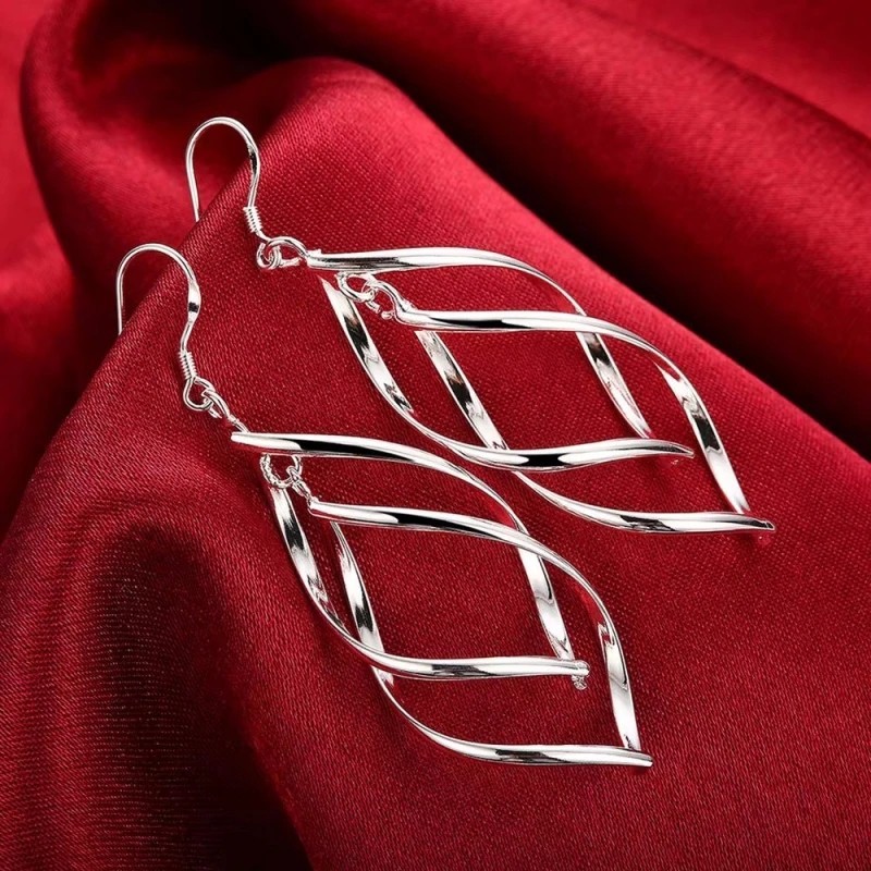 Womens 925 Sterling Solid Silver Twist Spiral Long Drop Dangle Charm Earrings