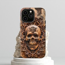 Tough Phone Case Skull Wooden Carved Smile 3D Design. iPhone, Samsung, Google