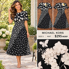 BNWT Michael Kors Floral Fit & Flare Midi 3D appliqué Dress Black White Size S