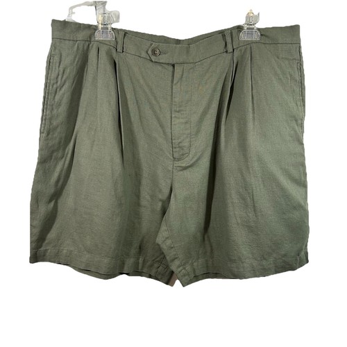 Perry Ellis, Vtg Perry Ellis Pleated Shorts 42 Linen Rayon Olive Green Quiet Luxury 90s Prep