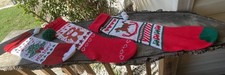 3 VTG knit Christmas stockings W pom-poms teddy bear hearts, rocking horse Tree