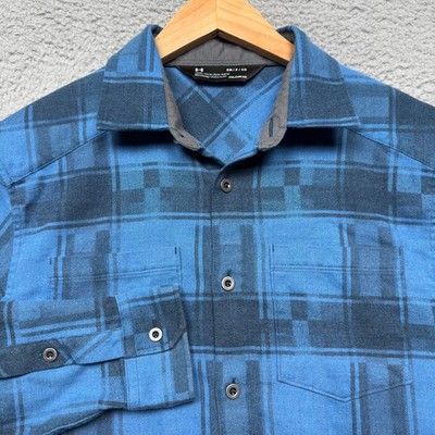 Under Armour Flannel Shirt Mens Small Blue Cold Gear Loose Fit Button Up