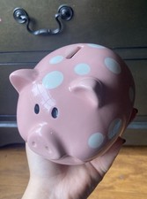 Pink ceramic piggy bank in a pink and white polka dot Design, No Bottom