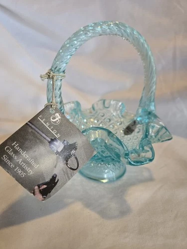 CLEAN! Fenton Turquoise Blue Mini Art Glass  Basket Original Tag & Sticker!