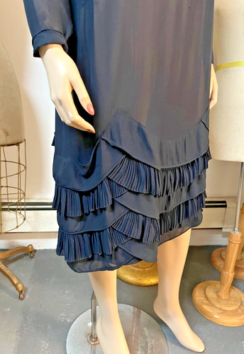 Vintage Art Deco 20er Jahre Midnight Blue & Lace Drop Waist Stufensaum Kleid Büste 40 - Bild 7 von 18