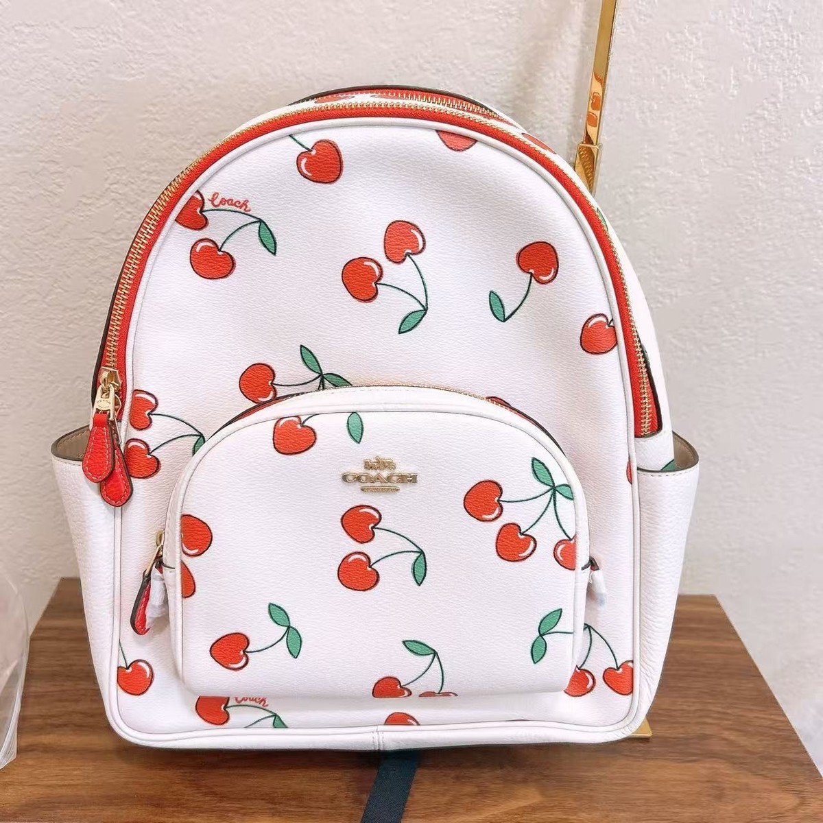 NWT Coach Court Backpack With Heart Cherry Print CE628 Chalk Multi