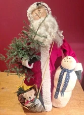 Large Sharon Andrews Primitive Folk Art Santa with Snowman, Tree, and Toy Bag