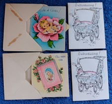 Vtg BABY GIRL Birth Announcement CARDS 4 NOS 1950s 1960s Hospital Photo Carriage