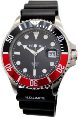 HEKTOR SPORT 30BAR Herren Taucheruhr Lünette rotschwarz Krone geschraubt Silikon