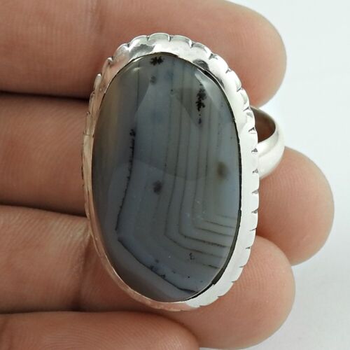 Mothers Day Gift Natural Botswana Agate Statement Ring Size Q 925 Silver Z41 - Afbeelding 1 van 4