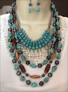 Turquoise-Patina-Layered-Multi-Strand-Cross-Charms-Gypsy-Western-Necklace-Set
