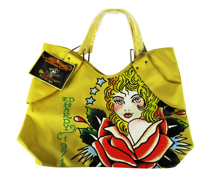 Y2K Ed Hardy Vintage Veronica Rose Tattoo Style Design Yellow Vinyl Tote 20''