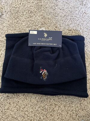 U.S. Polo Assn 2Pc Gift Set Men's Navy Blue Knit Hat and Neck Gaiter New W/Tags