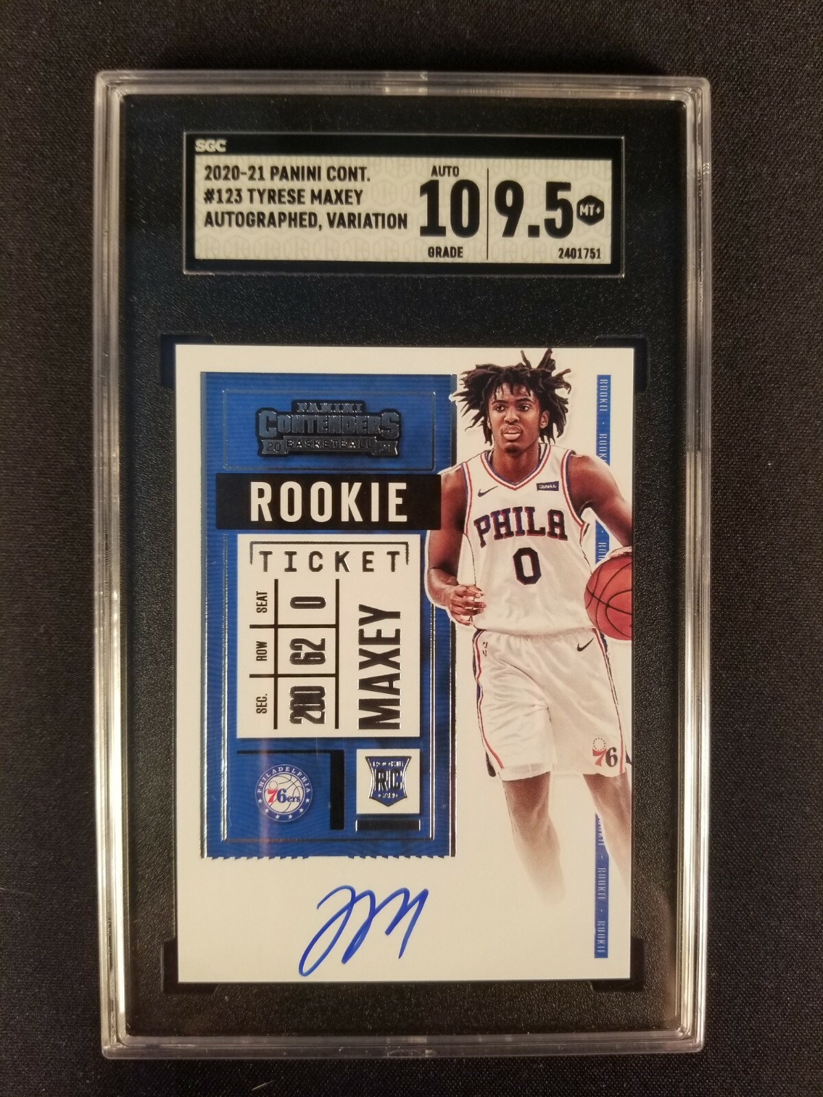 2020-21 PANINI CONTENDERS TYRESE MAXEY ROOKIE TICKET AUTO VARIATION SGC 9.5 W/10