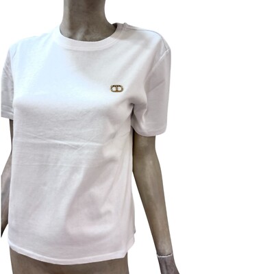 Twinset Damen T-Shirt, Farbe weiß, mit ovalem T-Logo und Strass, Kurzarm