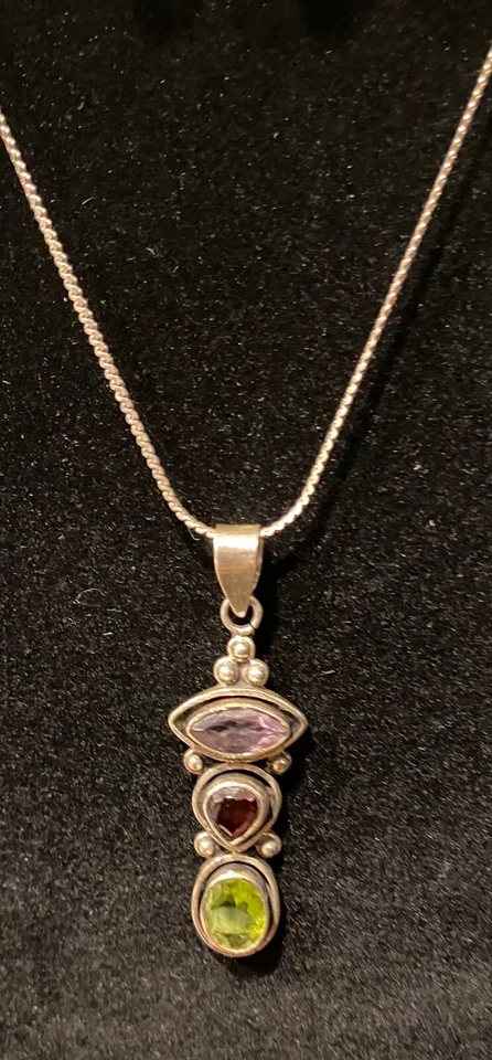 Necklace Pendant Gemstone Amethyst Garnet Peridot 925 SS Chain 24” - Image 3 of 4