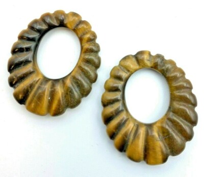 T047 - 2 Pair Genuine Carved Tiger Eye Stone Hoops - 30x25mm - Vintage