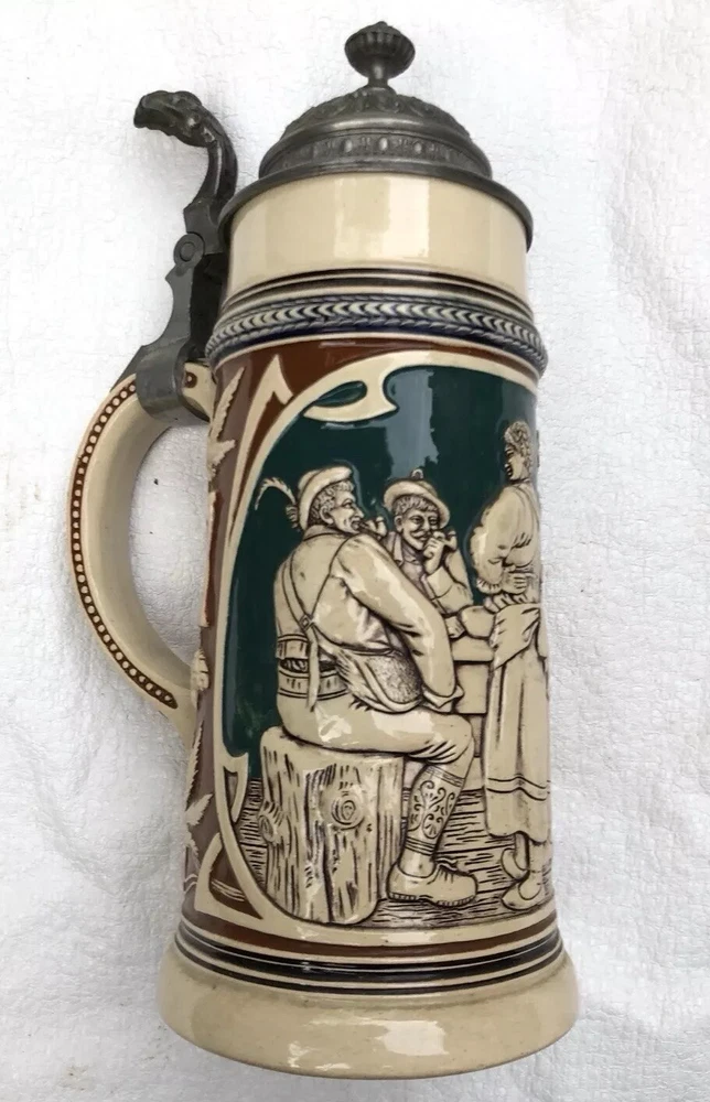 Alter Bierkrug, 1 Liter, Zinndeckel, Hopfen und Malz Gott erhalt's!