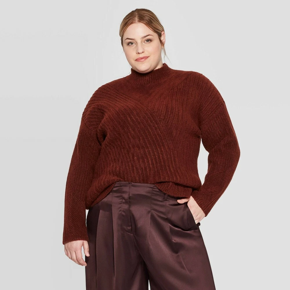 Prologue Women s Mock Turtleneck Stitch Mix Pullover Sweater Burgundy X