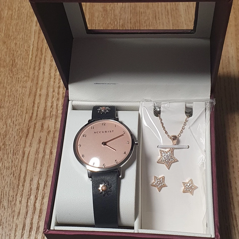 Juego de regalo de reloj y pendientes Accurist para dama 8376G correa de cuero negro oro rosa Foto 4 de 4