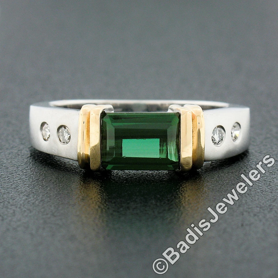 Anillo solitario rectangular de turmalina verde y banda de diamantes de oro 14k TT de 1,72 quilates Foto 4 de 4
