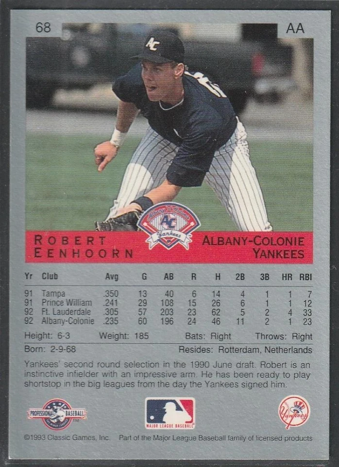 159, Original Autograph, Robert Eenhoorn; Albany Yankees, 1993 Classic Best #68 - Image 2 of 2