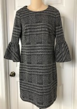 Calvin Klein Knee Length Sheath Dress Womens 6 Black Cream Plaid Bell Sleeves