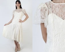 Vtg 80s Asymmetrical Lace Wedding Dress High Low Hem Victorian Flapper Gown M