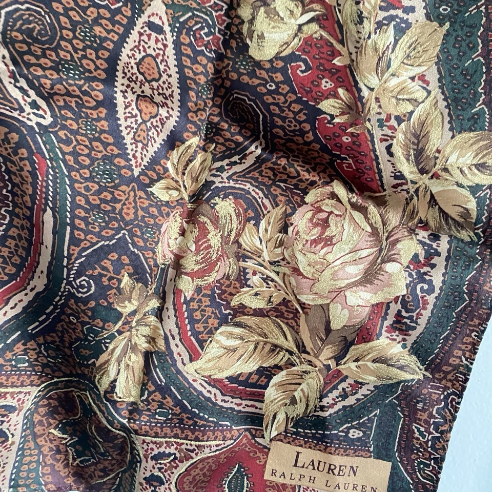 Bufanda de seda vintage Ralph Lauren dorada rosa cachemira dinero antiguo barroco corbata para el cuello Foto 3 de 4