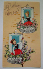 Young Ladies at the windows vintage Birthday Greeting card *WW5