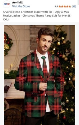 Ugly Christmas Blazer Suit Jacket Coat Plaid/Tie Red Green Holiday XL (H) 