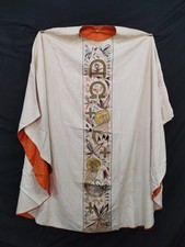 Vintage Christian Church Vestment Hand Embroidered Silk Ribbon Cream Chasuble