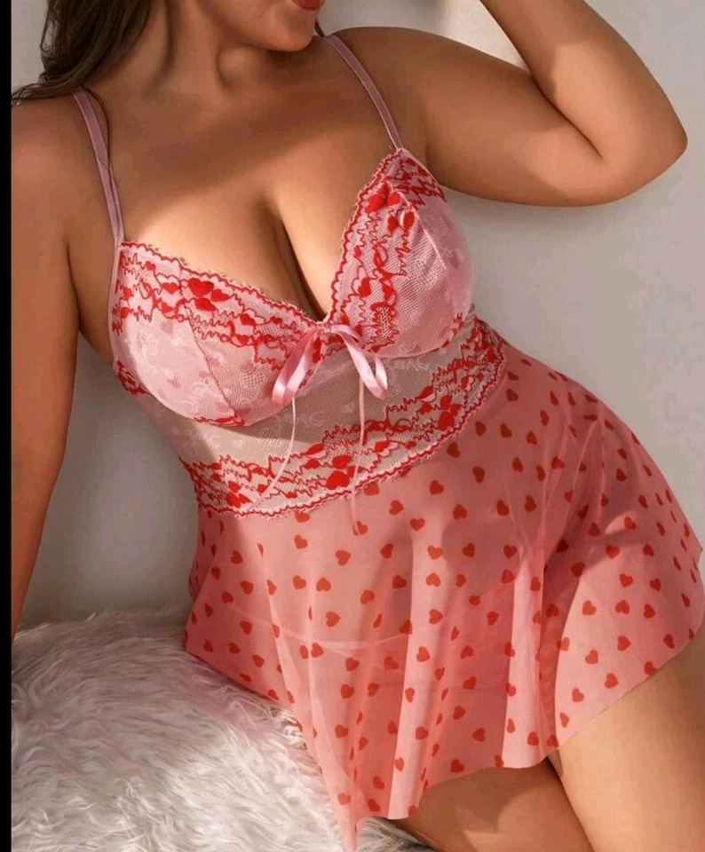 Talla 18/3XL~Sexy Vestido Lencería de Encaje Retazos Corazón Malla Con Bragas Espalda en T  Foto 3 de 4