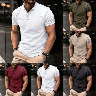 Sommer Herren Einfarbig Kurzarm Oberteile Knopfleiste Kragen Shirts T-Shirt
