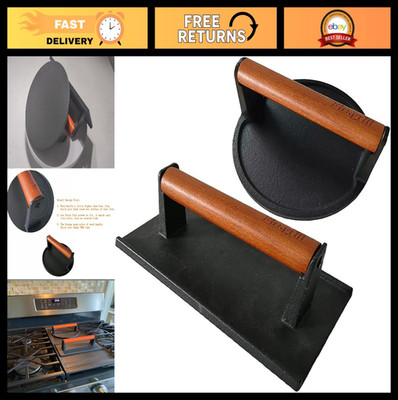 Heavy-Duty Cast Iron Burger Press 6.6'' with Wood Handle for Griddle & Grill Cook