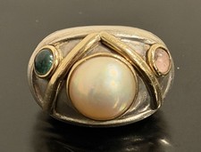 Sterling Silver 14k Gold Pearl Statement Ring Modernist Design Size 6