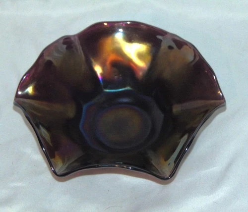 Vintage Imperial Glass 7-1/4" Optic Flute Ruffled Bowl Purple Carnival Glass