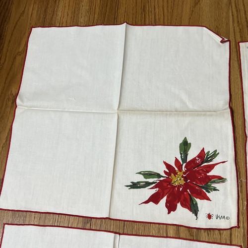 Vintage Vera Neumann Christmas Poinsettia Lady Bug Linen Napkin - Set of 4 New - Picture 6 of 7