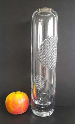 Large Royal Brierley Crystal cut lattice circle pattern pillar vase 300mm Signed