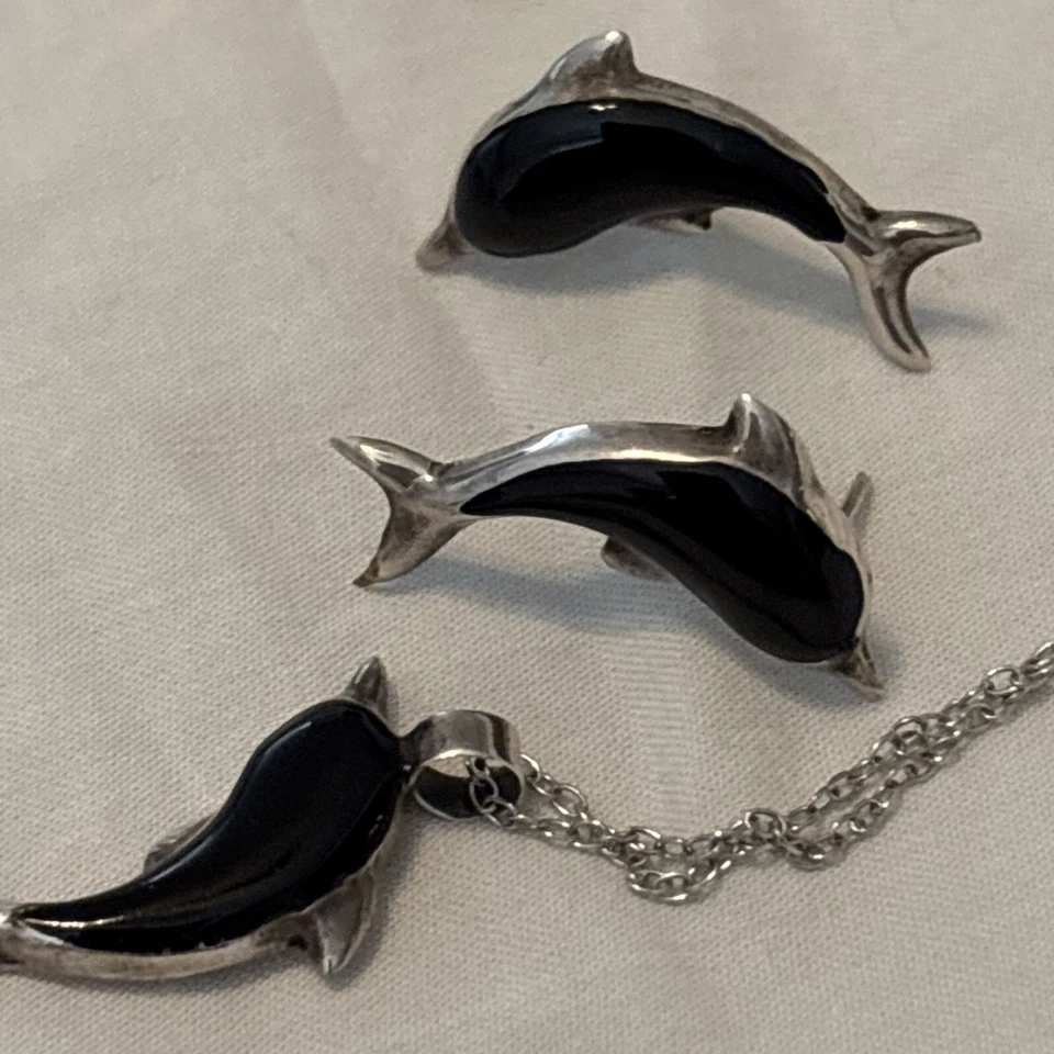 9 Pc 925 Dolphins With Stones-2 Pendant Necklaces & 3 1/2 Sets Earrings - Image 2 of 4