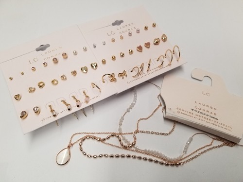 LC Lauren Conrad Rose Gold Plated Necklace & 24 Pairs Gold Plated Earrings Set