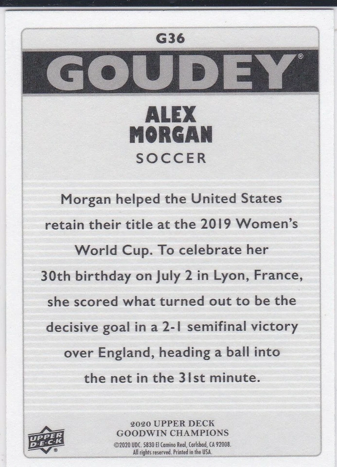 ALEX MORGAN Soccer TEAM USA Women's WORLD CUP Card Upper Deck Goudey Champions! - Image 2 of 2