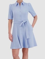 Eliza J Women's Blue Elbow-Sleeve Belted Stretch Crepe Shirtdress Size 16